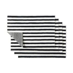 Hand Painted Shirting Stripe Reversible Placemats 4-Pack Set, 100% Cotton, Black